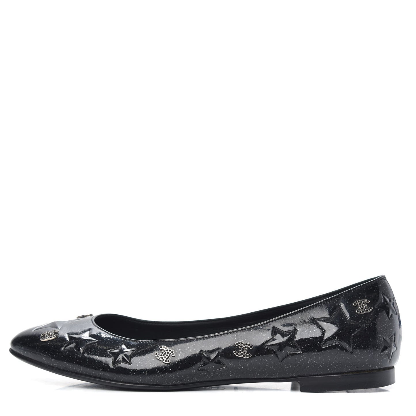Patent Glitter CC Star Embossed Ballerina Flats 38 Black