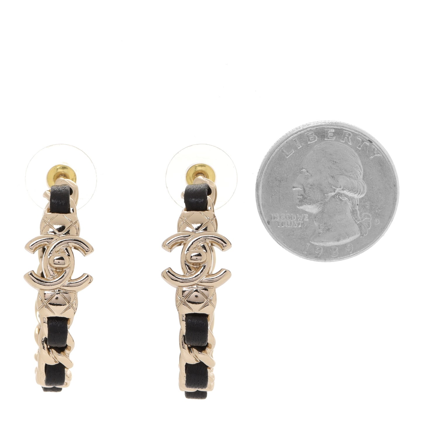 Metal Lambskin Quilted CC Turnlock Chain Hoop Earrings Gold Black