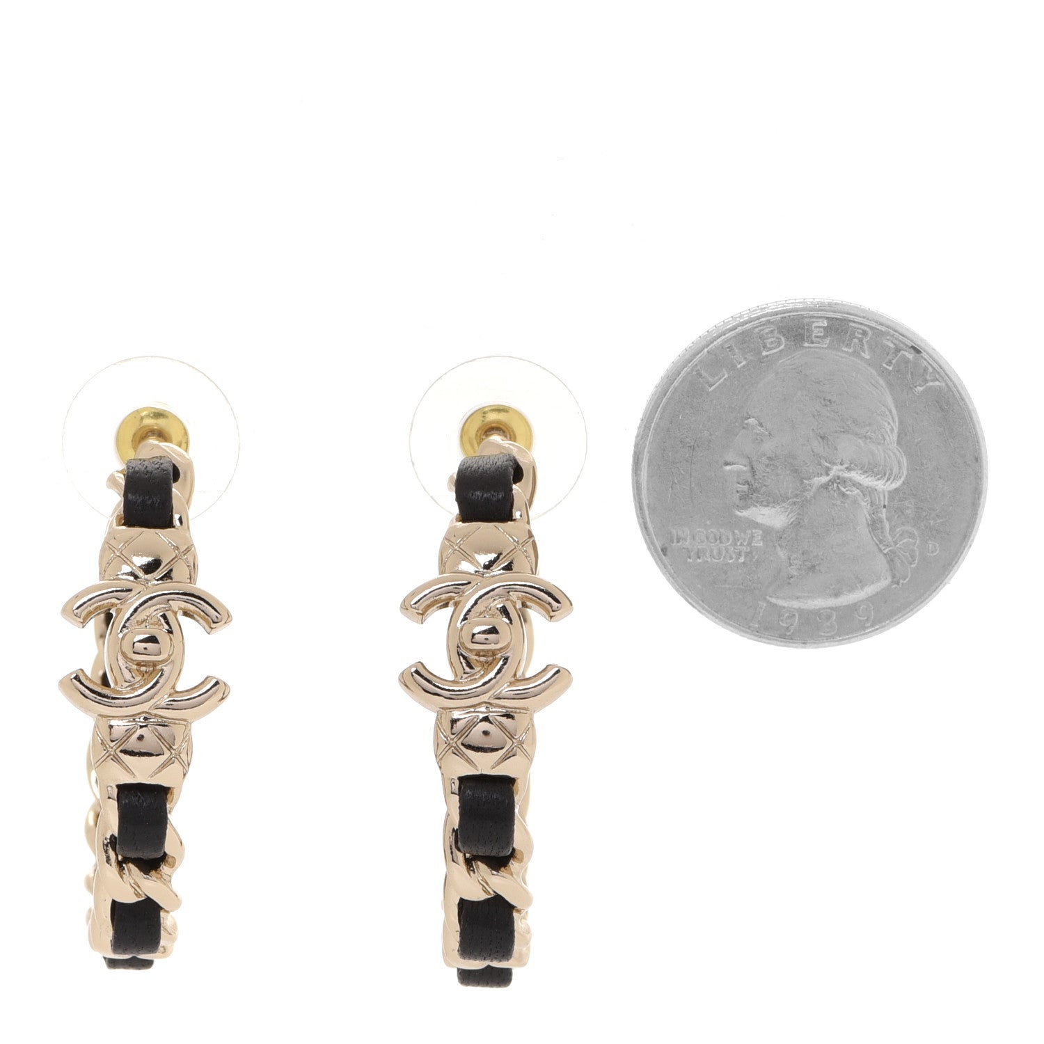 Chanel Metal Lambskin Quilted CC Turnlock Chain Hoop Earrings Gold Black 2 of 5