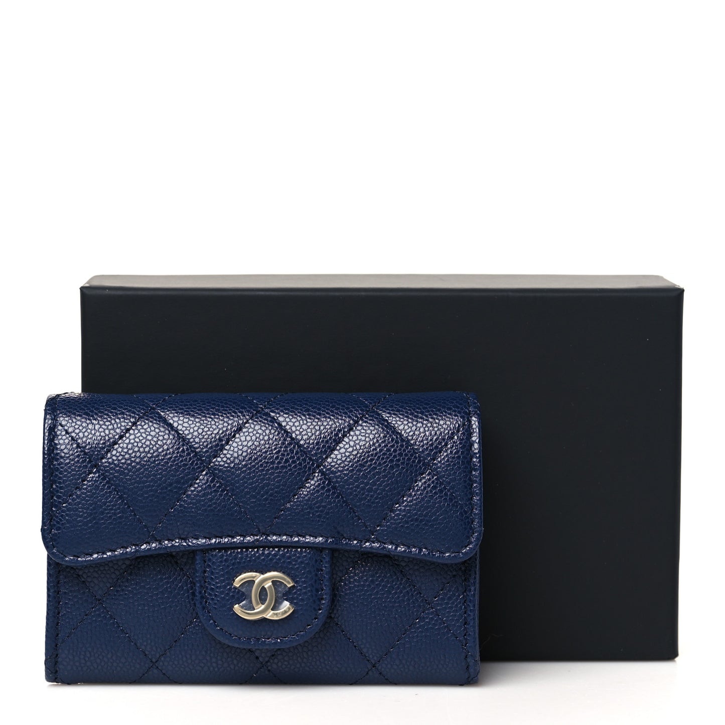 Caviar Quilted Flap Card Holder Wallet Navy Blue