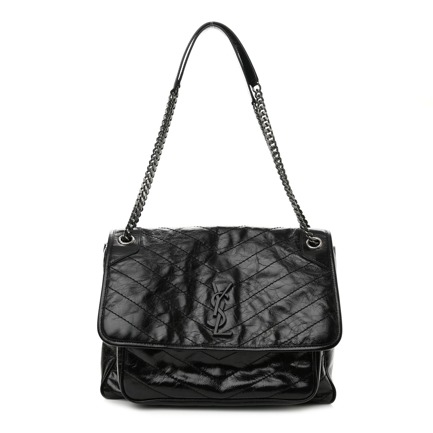 Crinkled Calfskin Matelasse Monogram Large Niki Chain Satchel Black