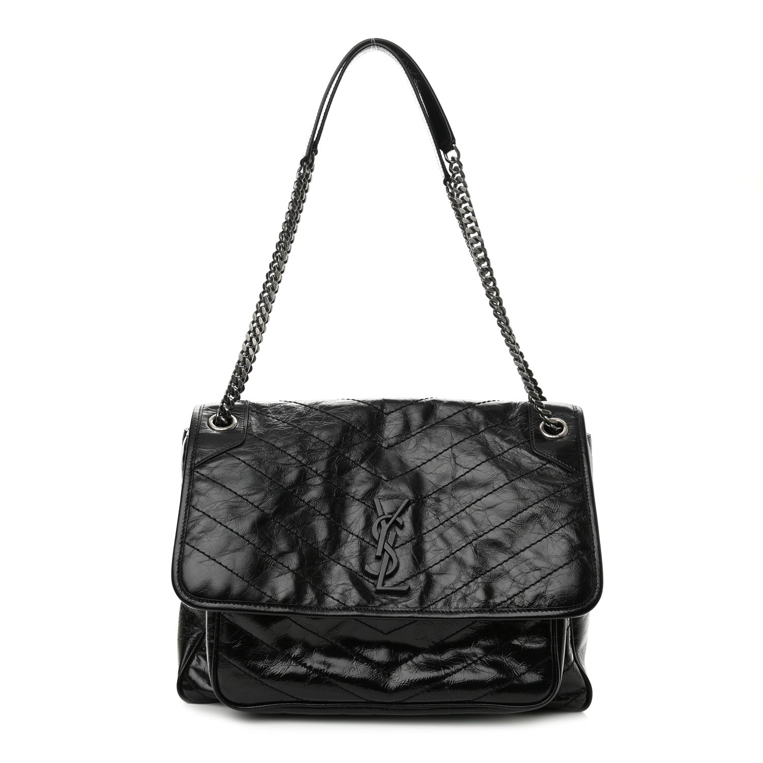 Saint Laurent Crinkled Calfskin Matelasse Monogram Large Niki Chain Satchel Black 1 of 11