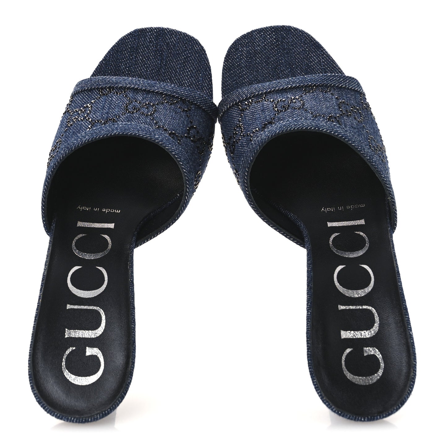 Denim Crystal GG Monogram Mules 36.5 Blue