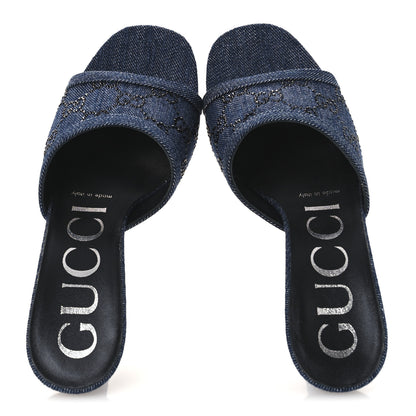 Gucci Denim Crystal GG Monogram Mules 36.5 Blue 2 of 11