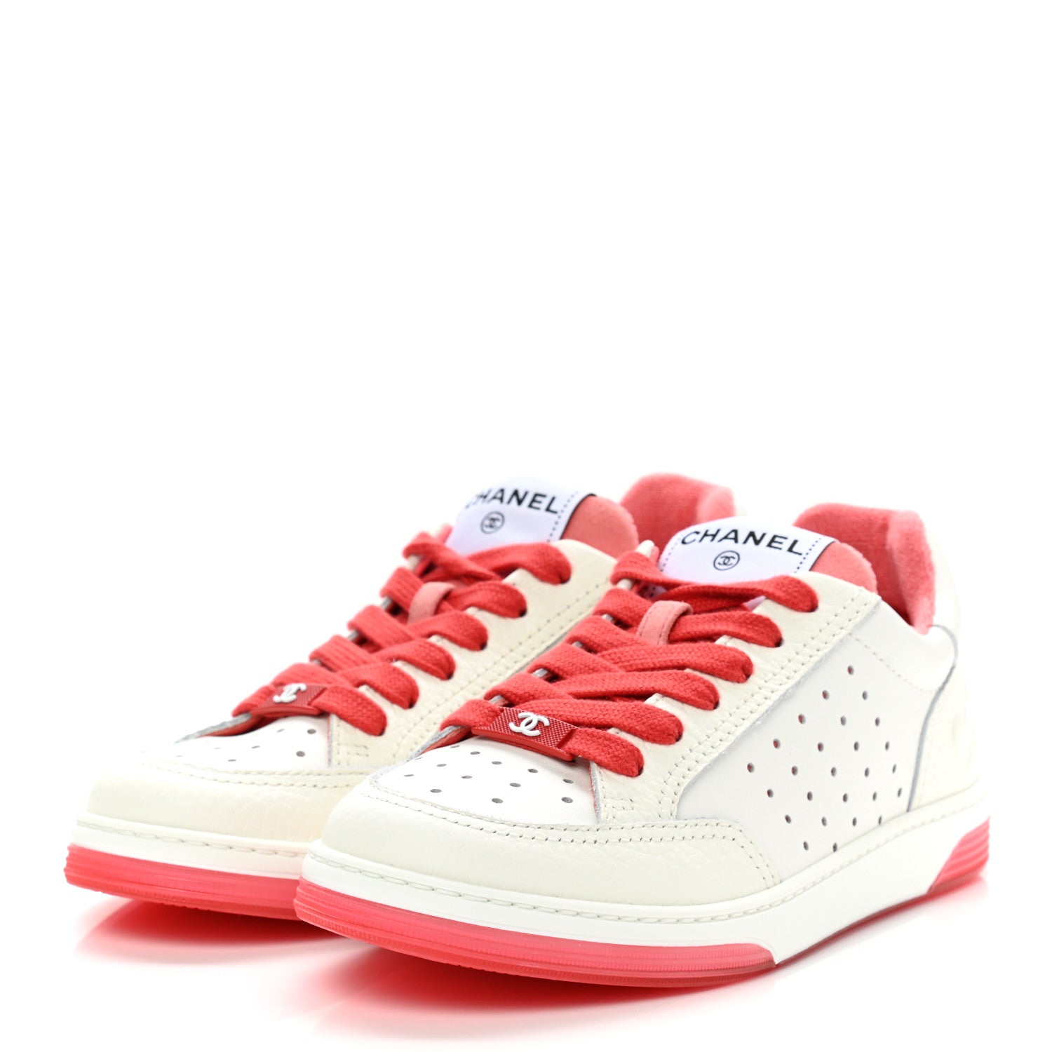 Chanel Grained Calfskin Fabric Womens Logo Sneakers 35 White Red 3 of 7