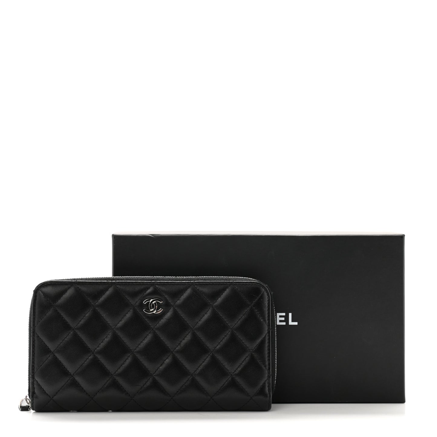 Lambskin Quilted Large Gusset Zip Around Wallet Black