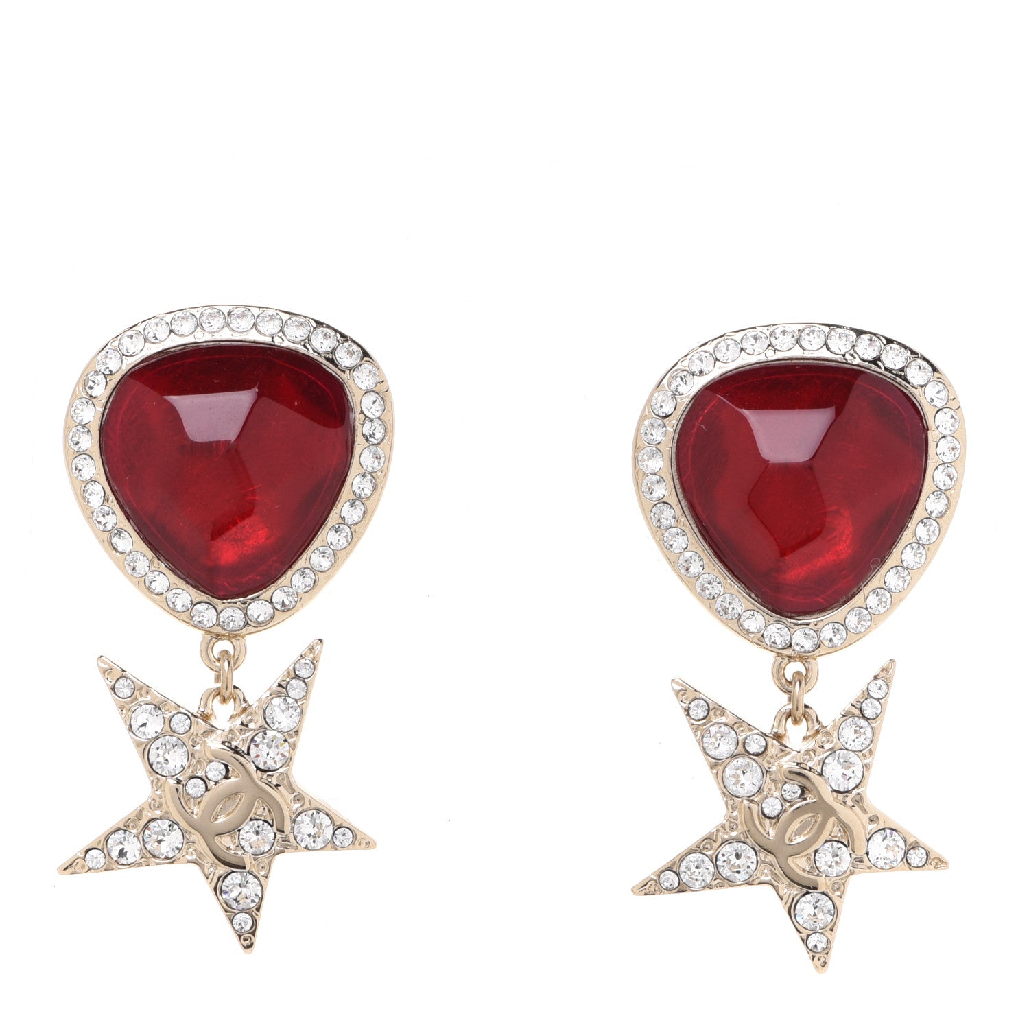 Chanel Metal Resin Crystal Star CC Drop Earrings Gold Red 1 of 5