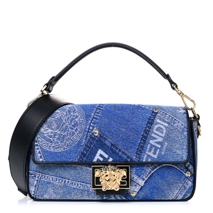 Versace X FENDI Fabric Calfskin Medusa Denim Patchwork Print Baguette Blue Black Gold 1 of 8