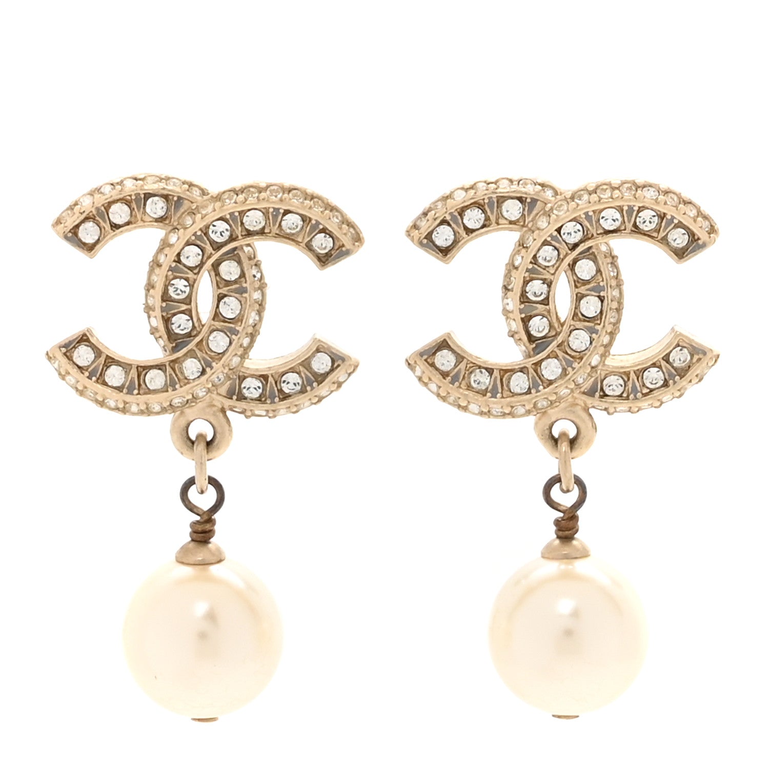 Chanel Crystal Pearl CC Drop Earrings Gold 1 of 5