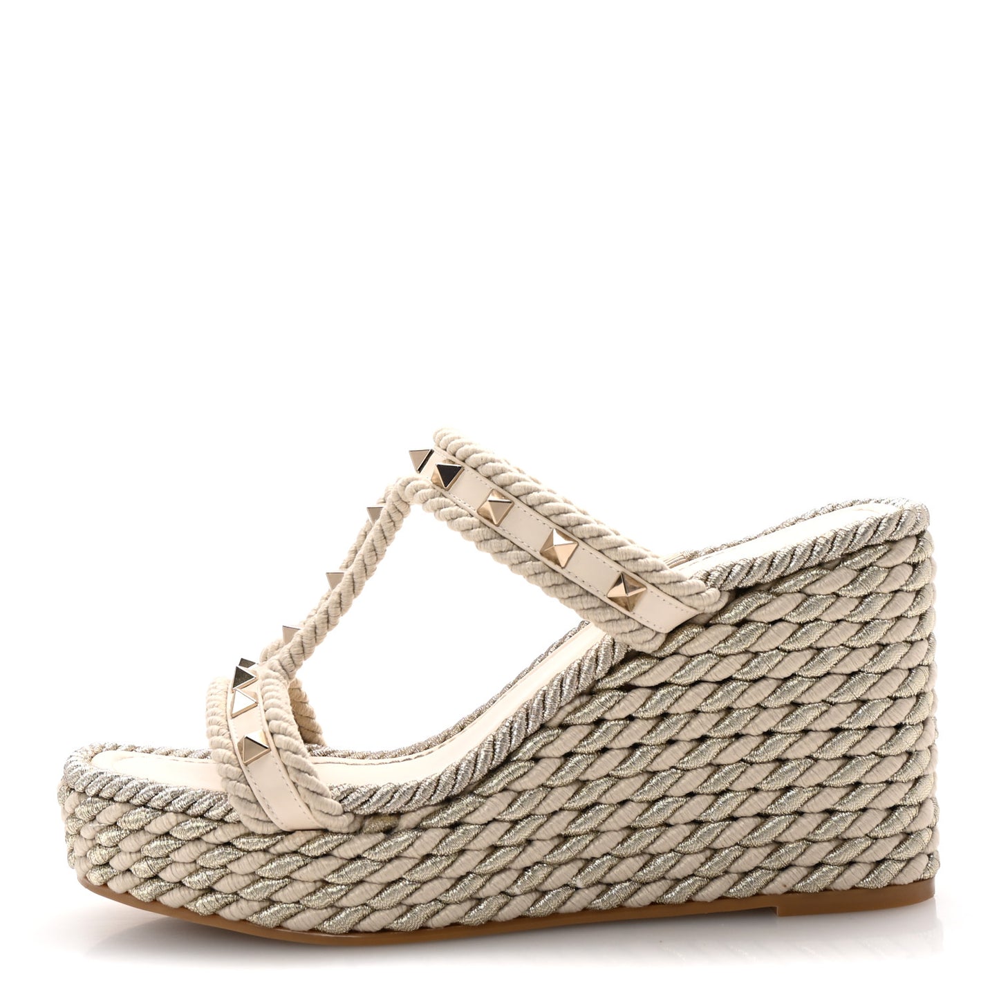 Calfskin Rockstud Torchon Espadrille Caged 25/95mm Wedge Sandals 38 Light Ivory