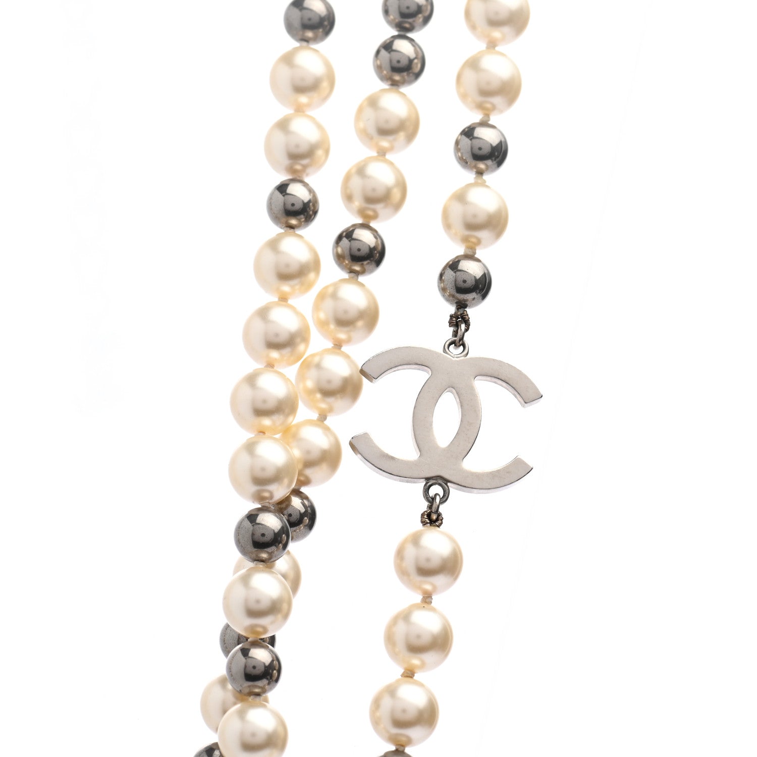 Chanel Pearl CC Long Necklace Silver Pearly White Grey 4 of 5