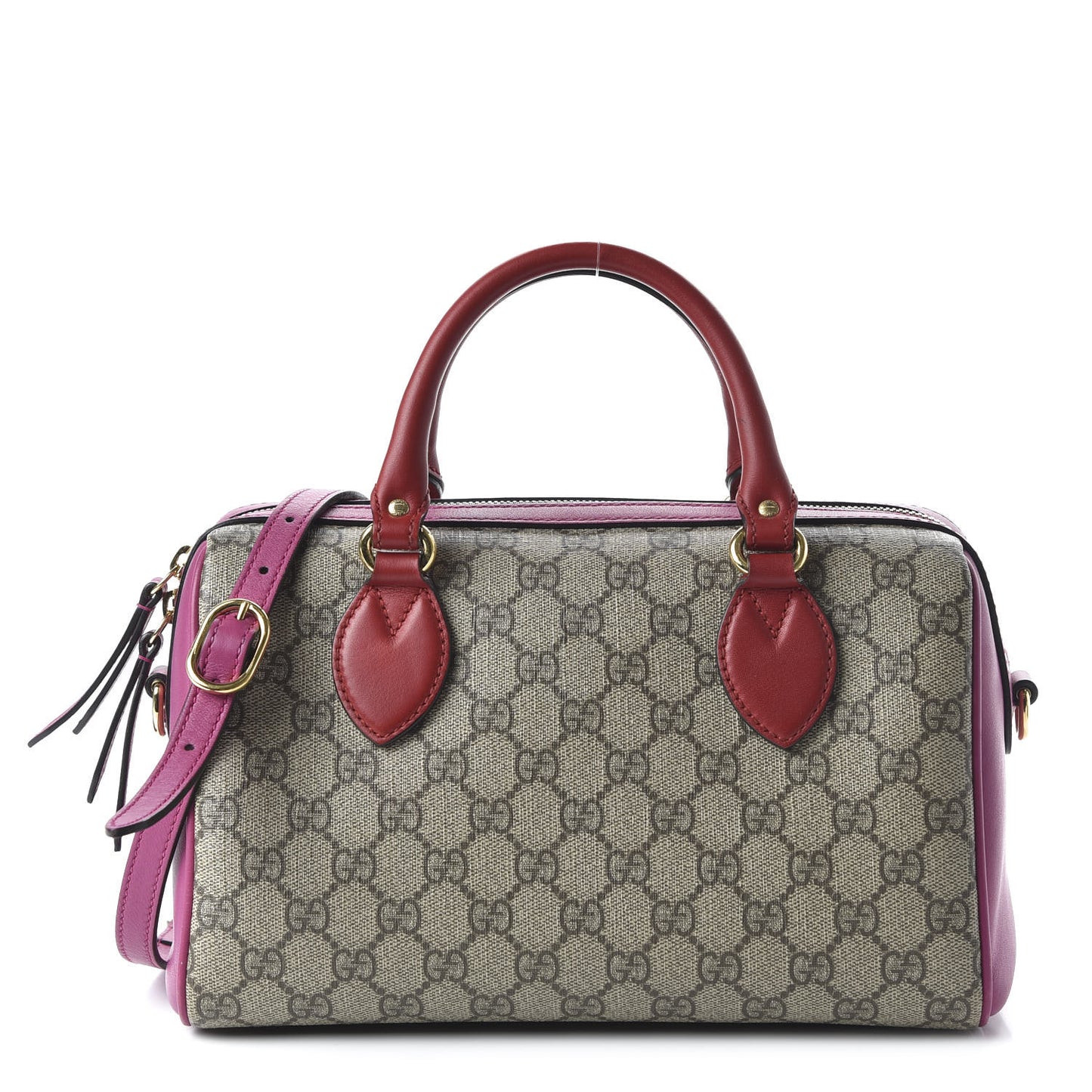 GG Supreme Monogram Moon Calfskin Small Boston Beige Ebony Hibiscus Red New Rosette