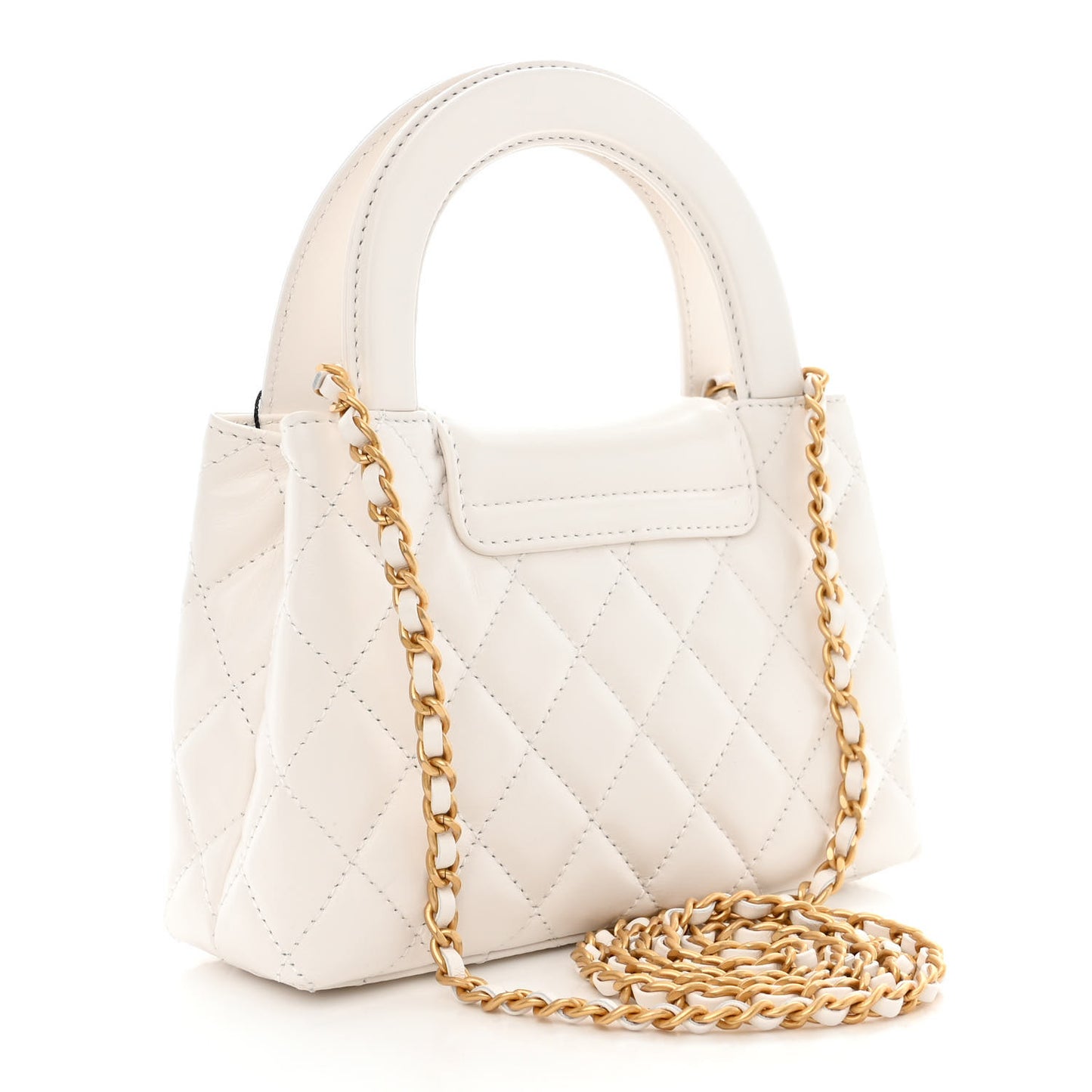 Shiny Aged Calfskin Quilted Nano Kelly Shopper White