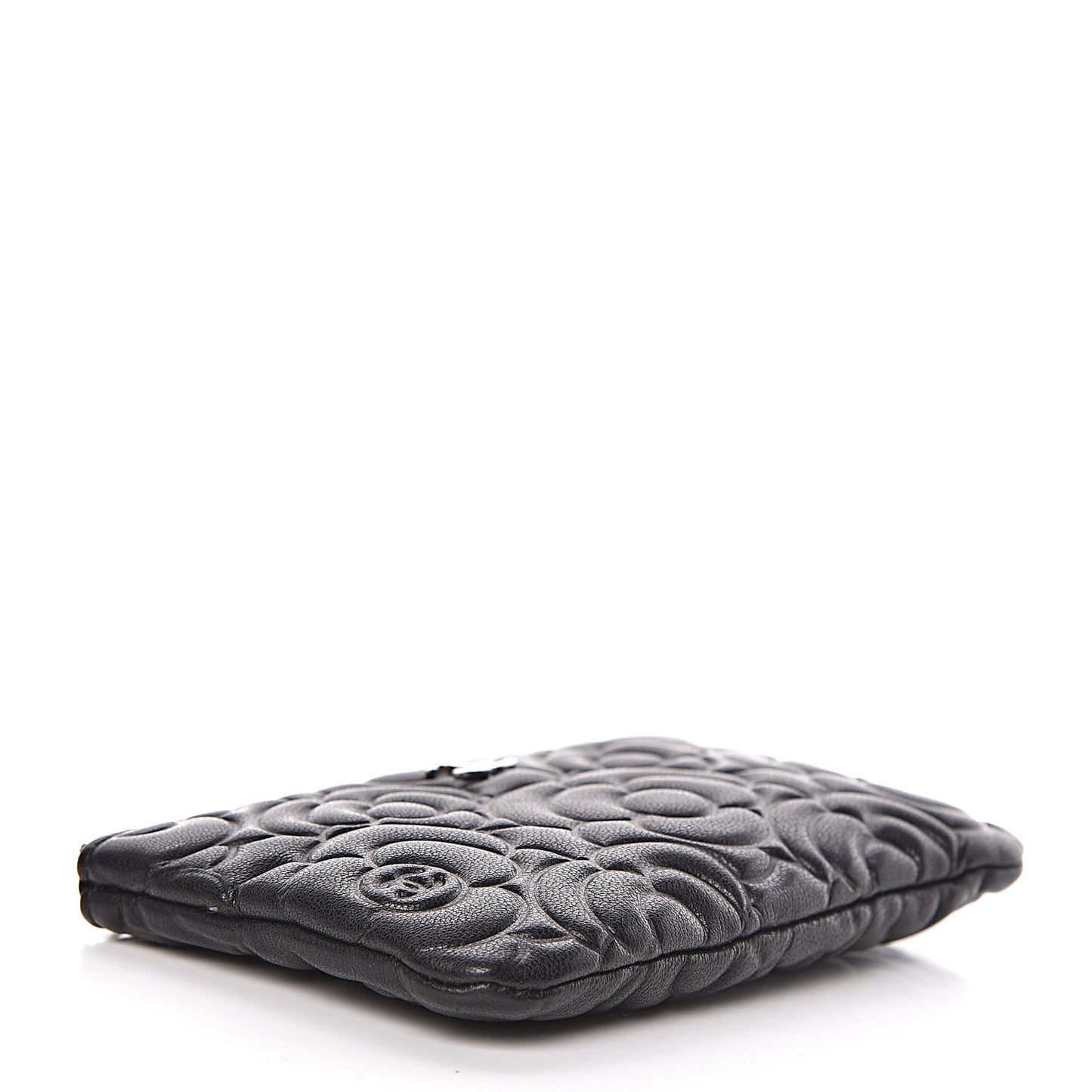 Goatskin Camellia Embossed Cosmetic Pouch Black