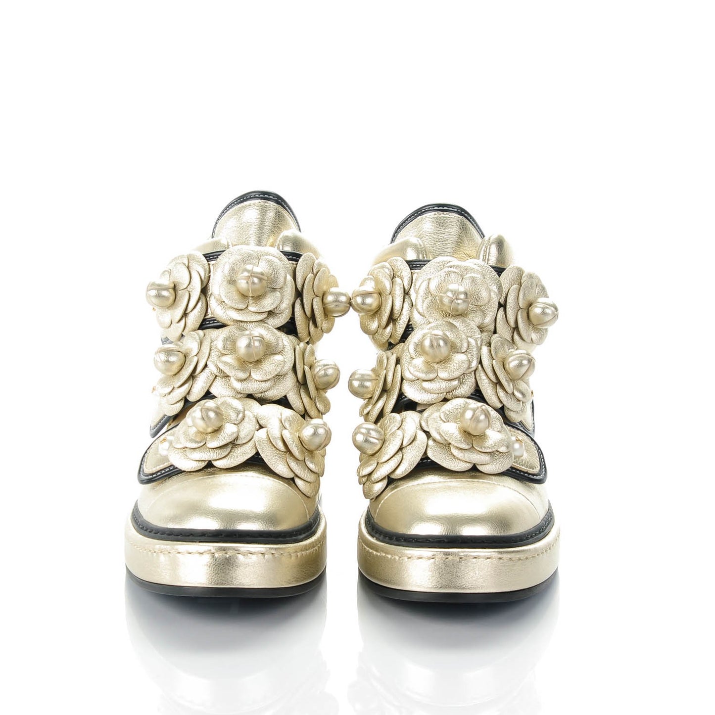 Metallic Lambskin Pearl Camellia High Top Sneakers 37.5 Gold