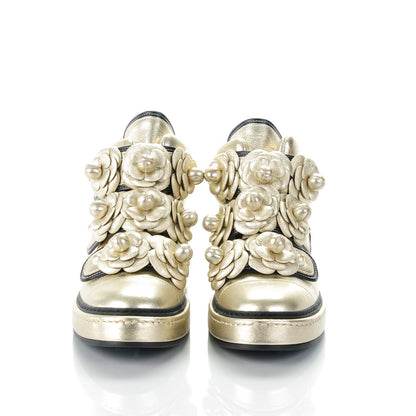 Chanel Metallic Lambskin Pearl Camellia High Top Sneakers 37.5 Gold 2 of 8