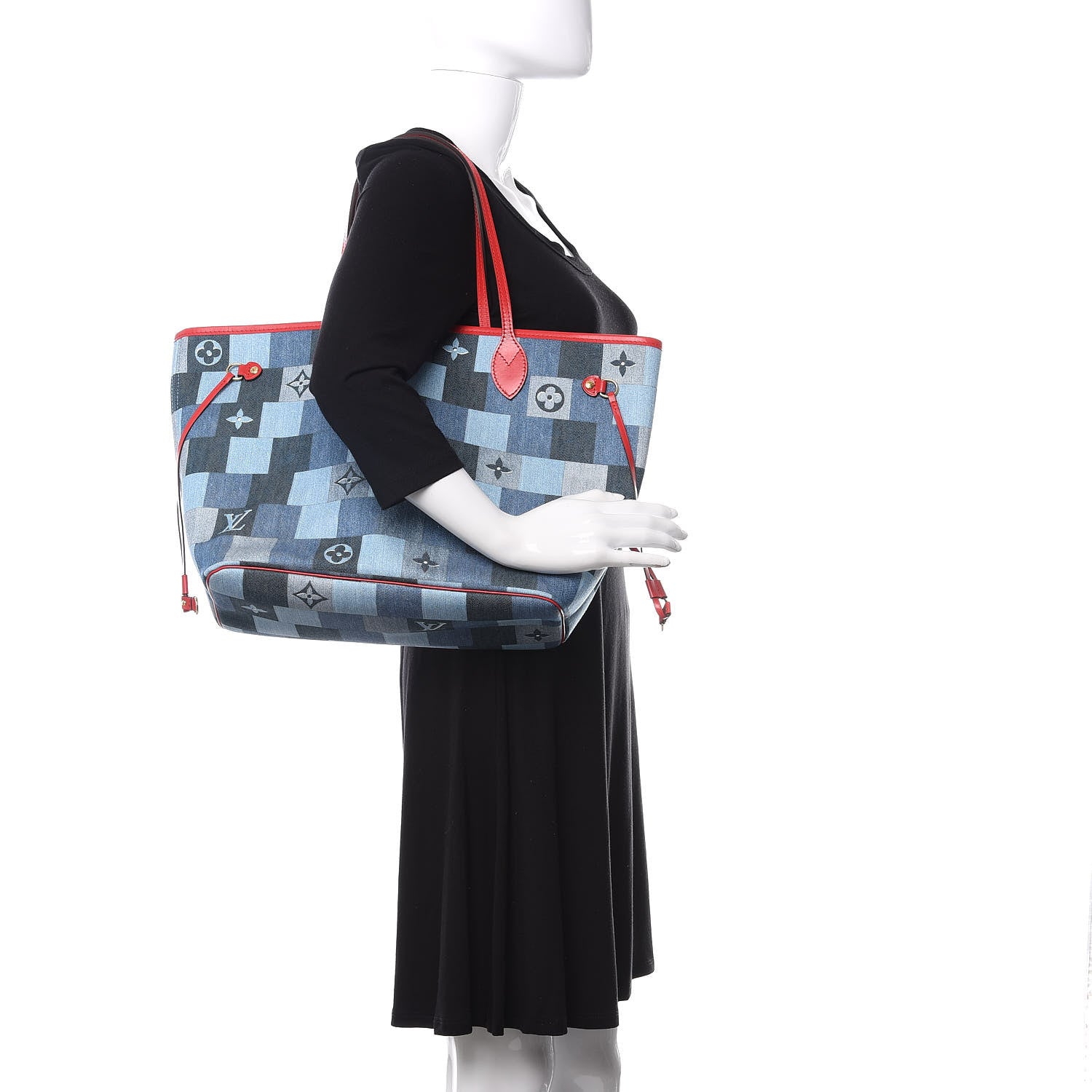 Louis Vuitton Denim Damier Monogram Patchwork Neverfull Blue Rouge 2 of 10