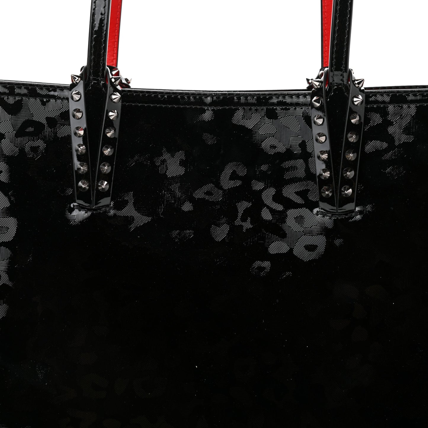 Patent Calfskin Print Leopard Print Spikes East West Cabata Tote Black