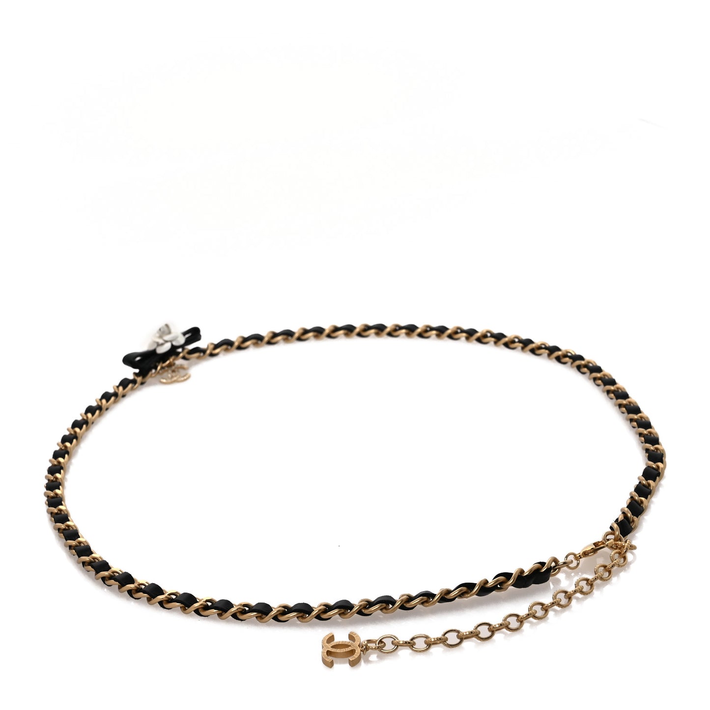 Calfskin Crystal Chain Camellia Belt 85 34 Black Gold