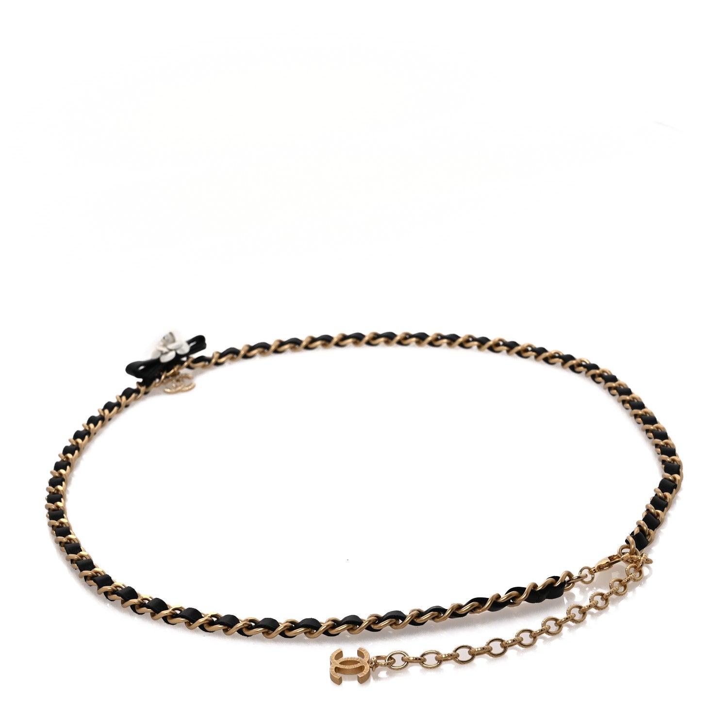 Chanel Calfskin Crystal Chain Camellia Belt 85 34 Black Gold 2 of 5