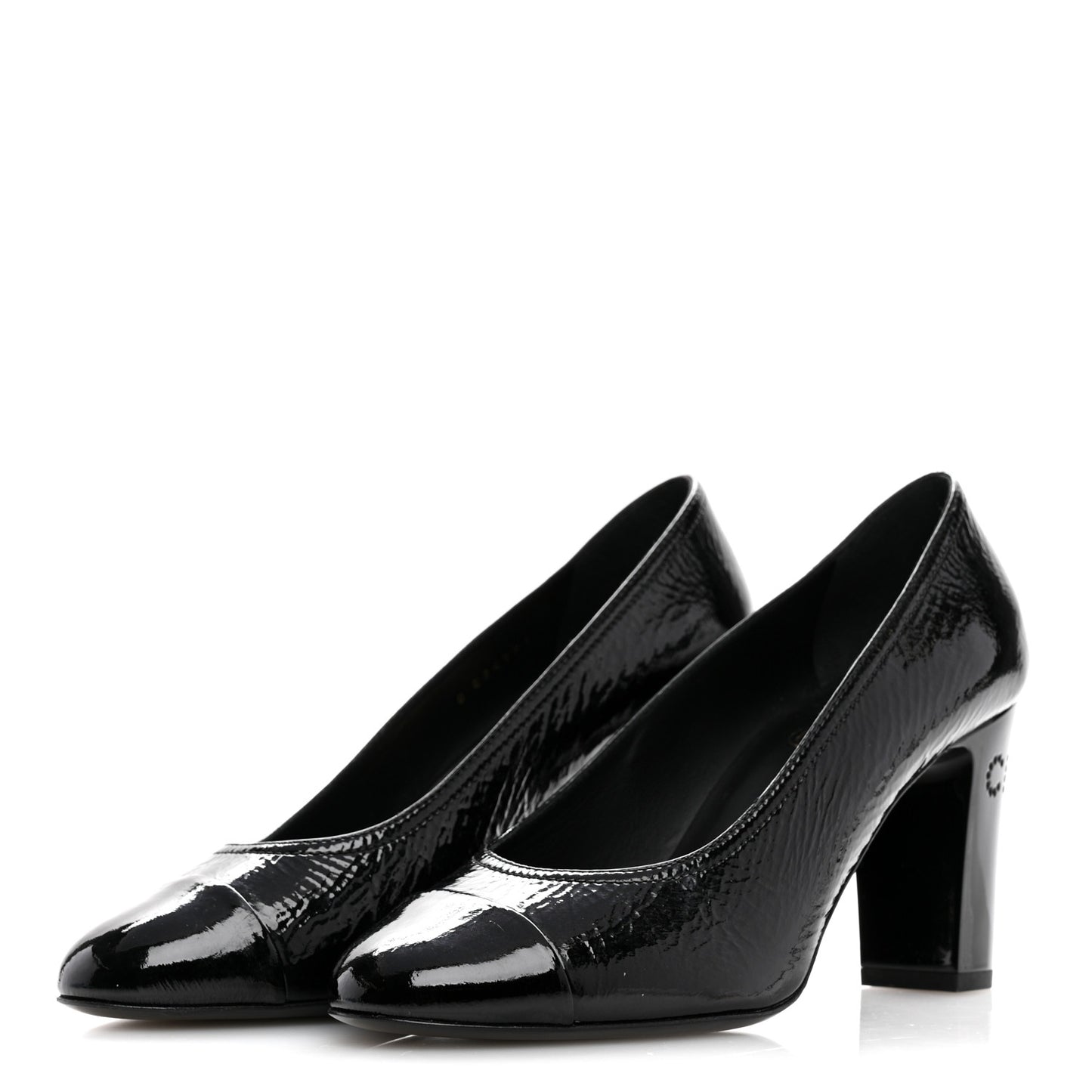 Patent Calfskin Crystal Cap Toe Logo Pumps 38 Black