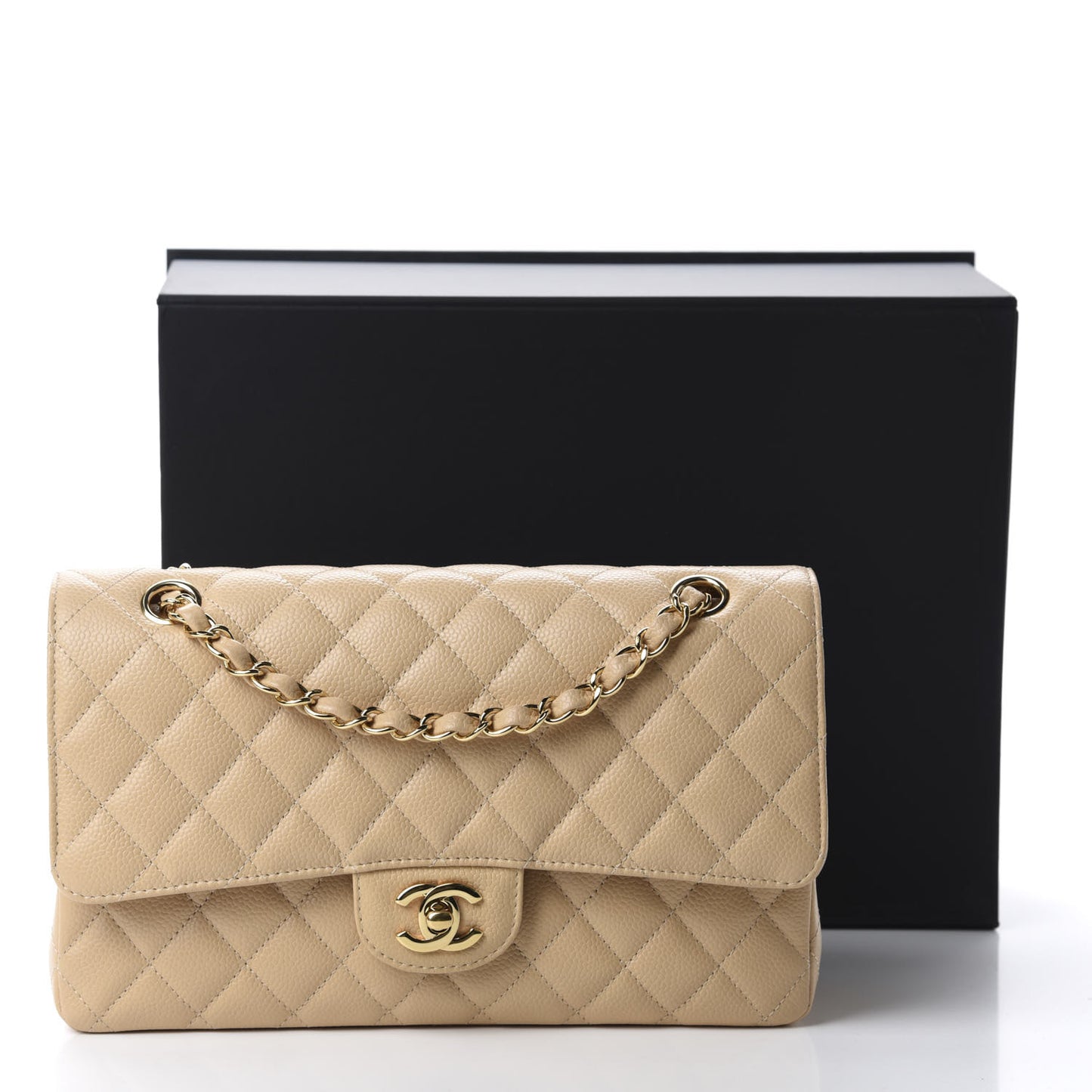 Caviar Quilted Medium Double Flap Beige Clair