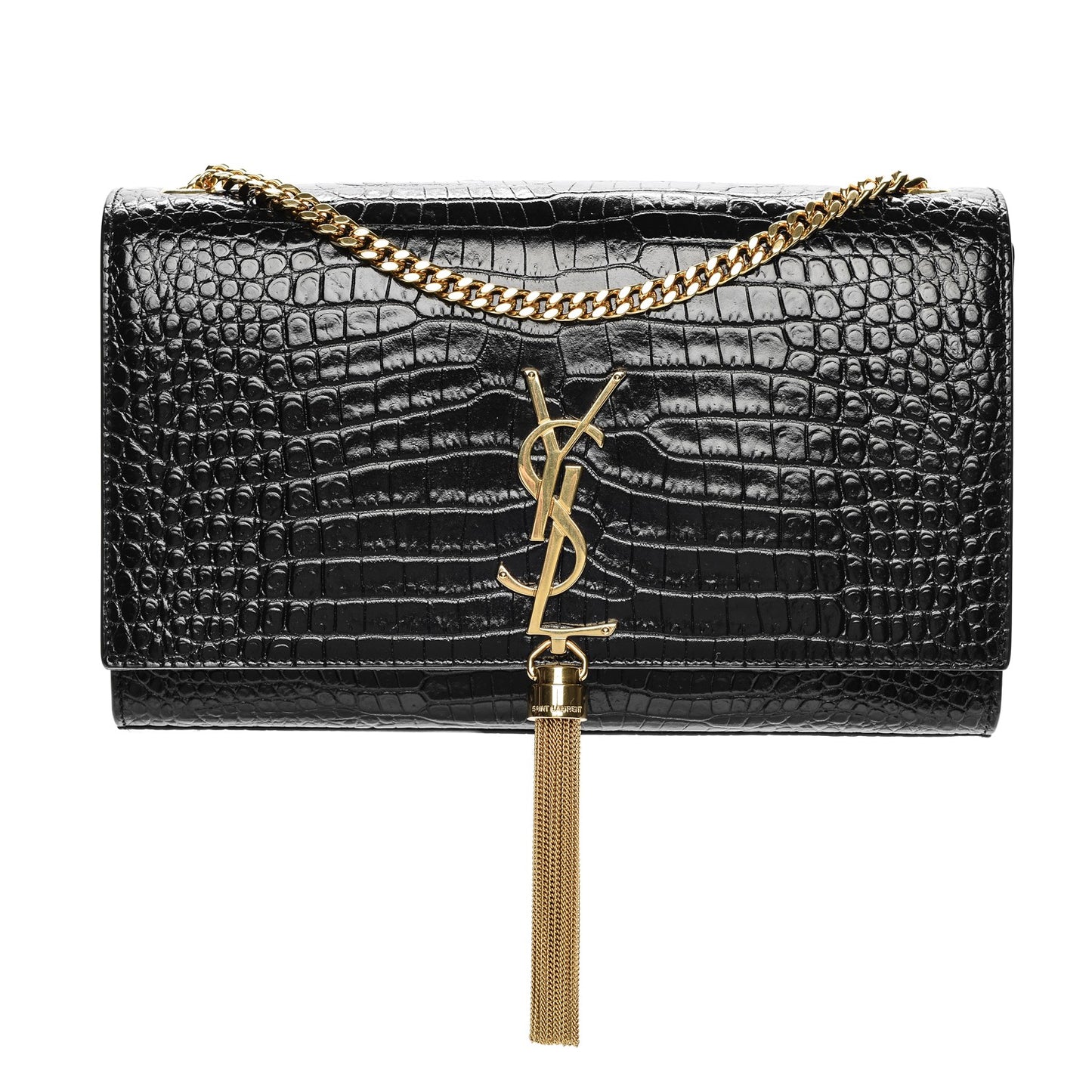 Calfskin Crocodile Embossed Medium Classic Monogram Kate Tassel Satchel Black