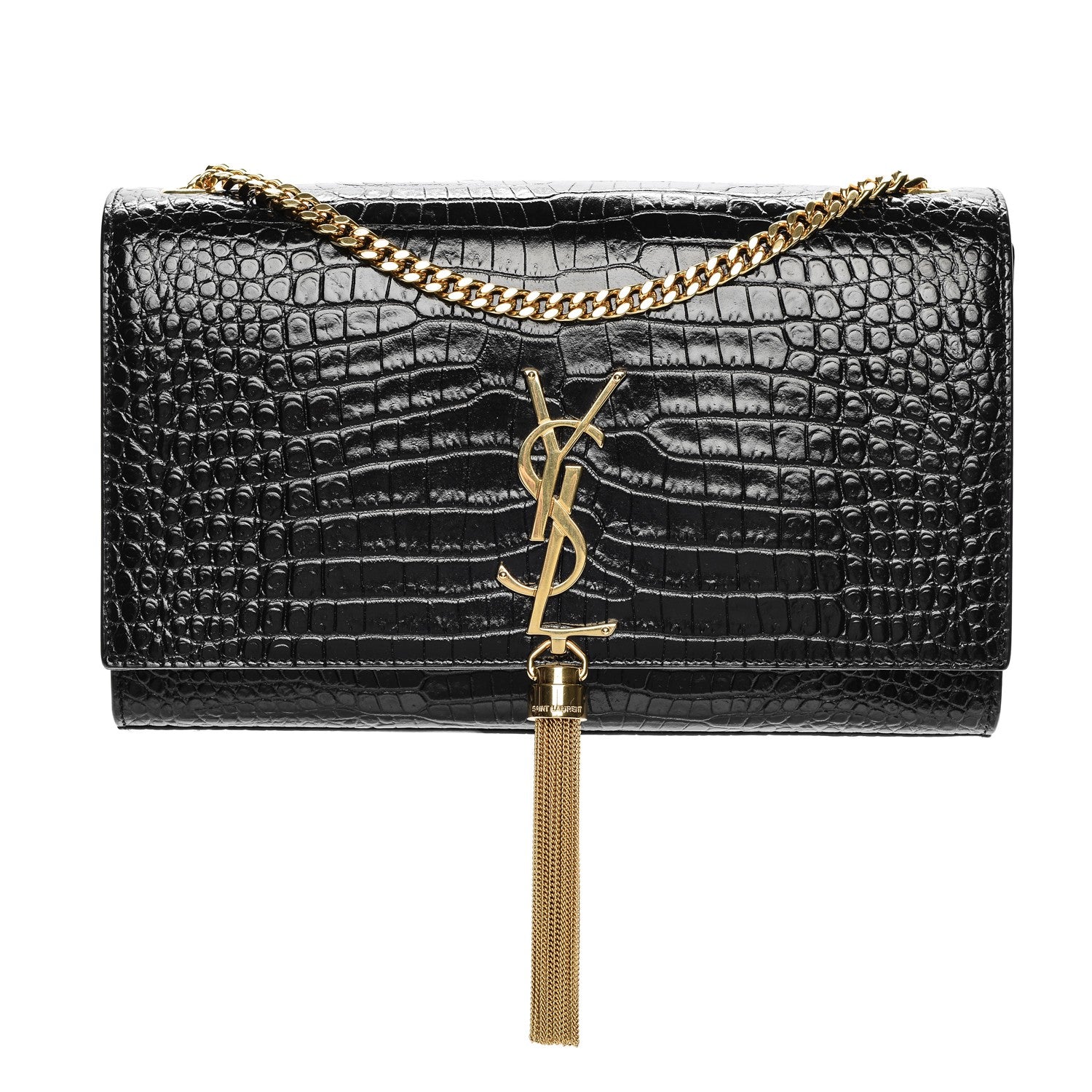 Saint Laurent Calfskin Crocodile Embossed Medium Classic Monogram Kate Tassel Satchel Black 1 of 8