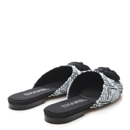 Chanel Tweed Grosgrain Camellia CC Flats 37.5 Light Blue Black 4 of 8