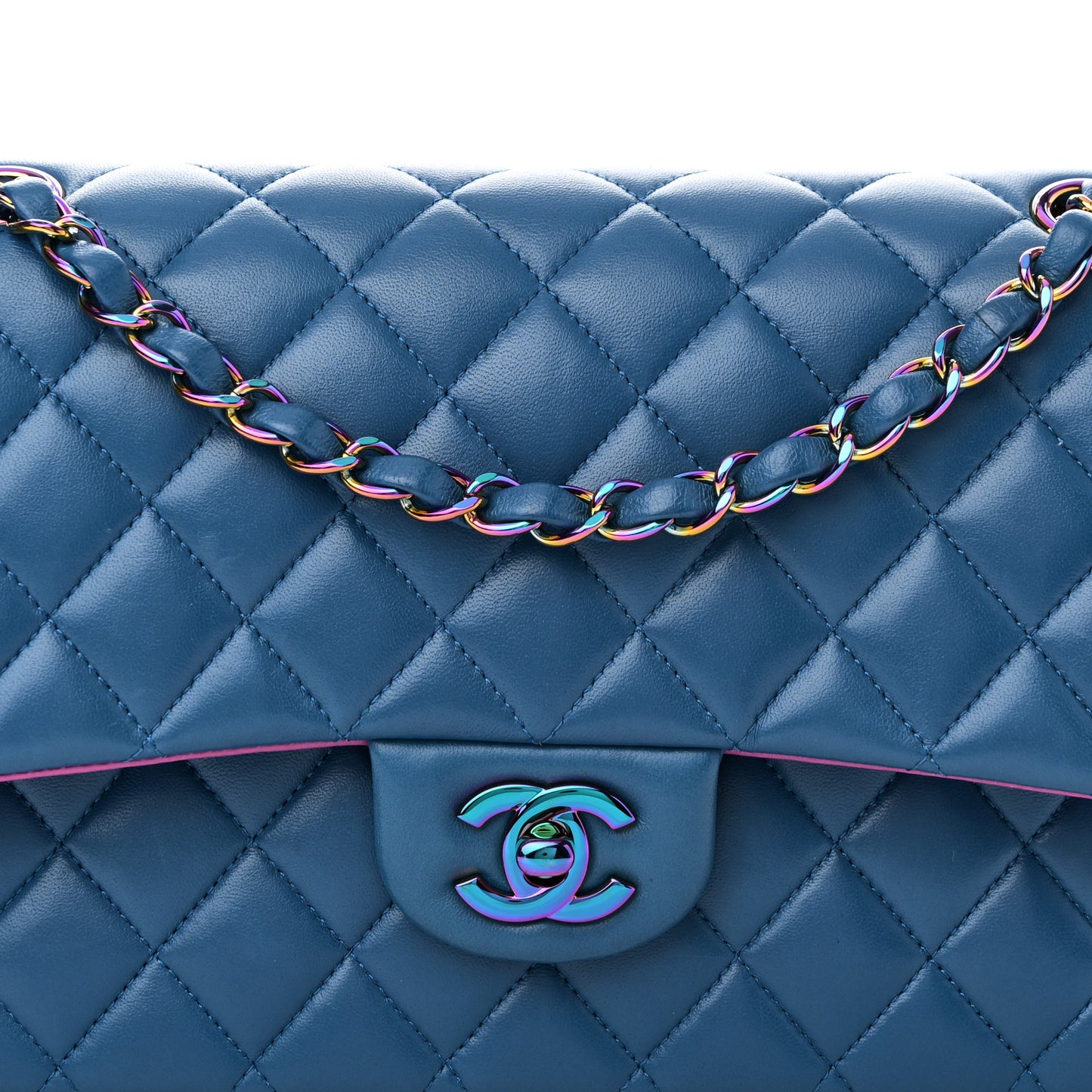 Lambskin Quilted Medium Double Flap Blue Pink