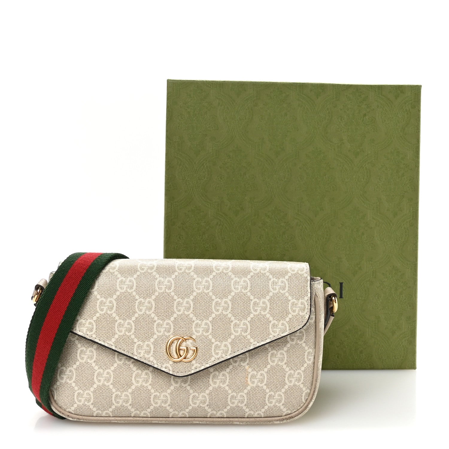 Gucci GG Supreme Monogram Textured Dollar Calfskin Web Mini Ophidia Envelope Shoulder Bag Beige Mystic White Oatmeal 11 of 11