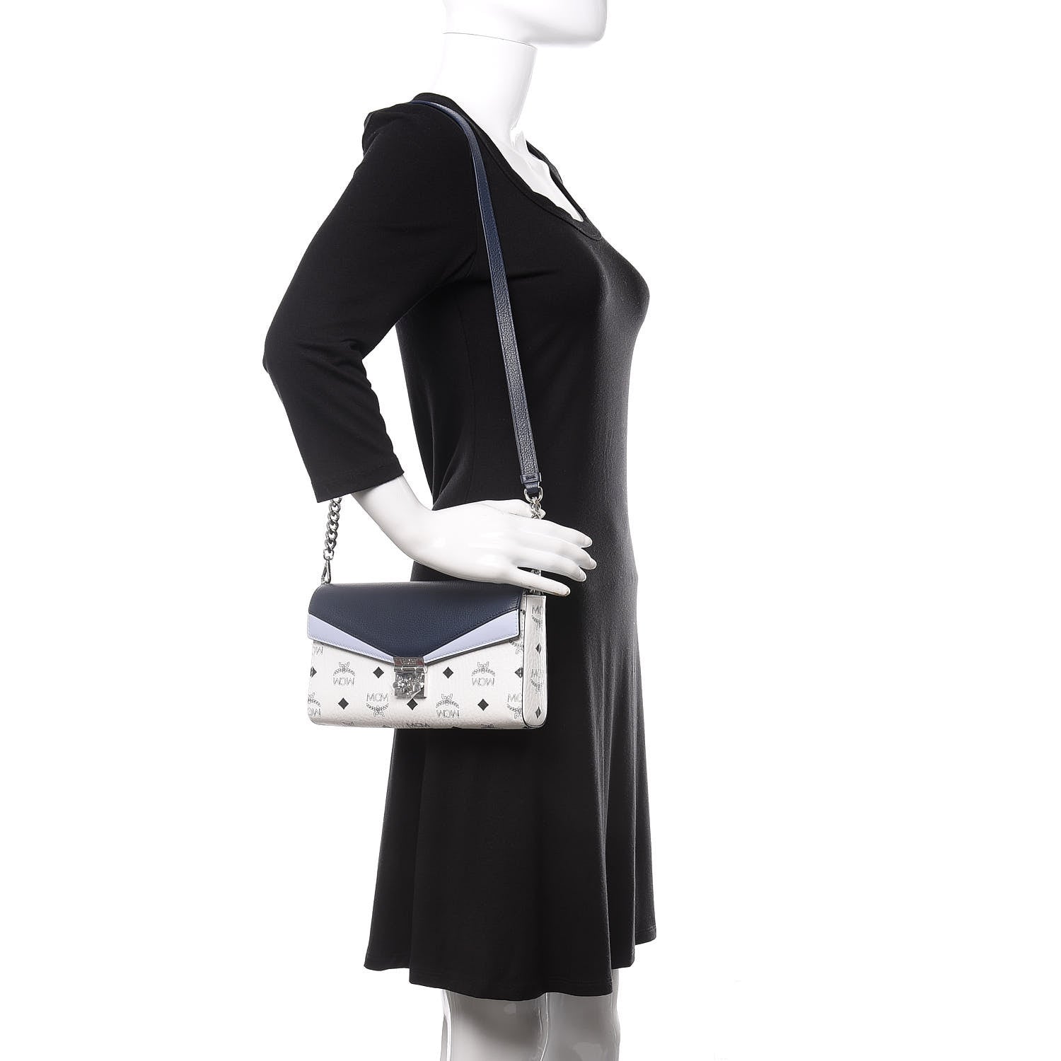 MCM Calfskin Visetos Monogram Millie Color Block Crossbody Bag White Mood Indigo 3 of 10