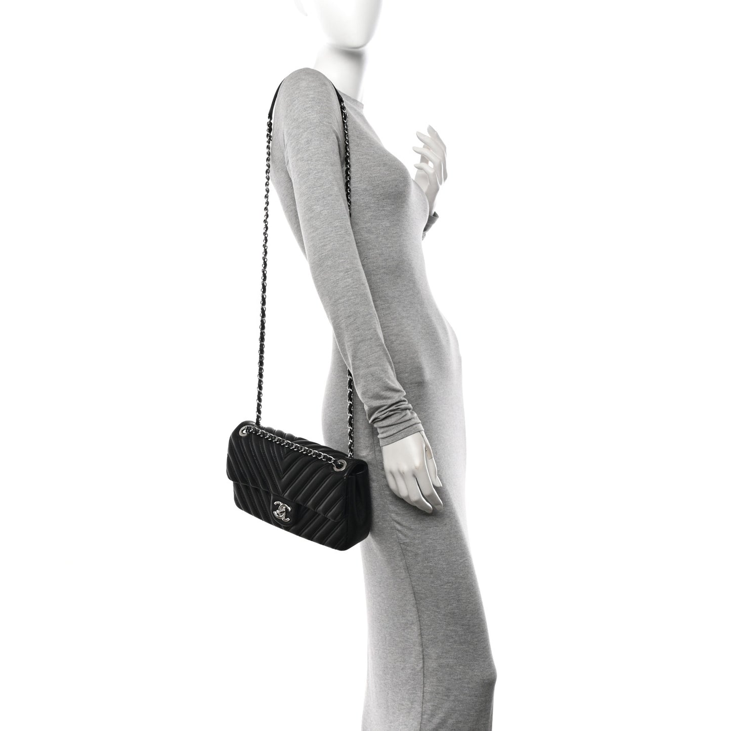 Lambskin Chevron Quilted Double Stitch Medium Single Flap Black