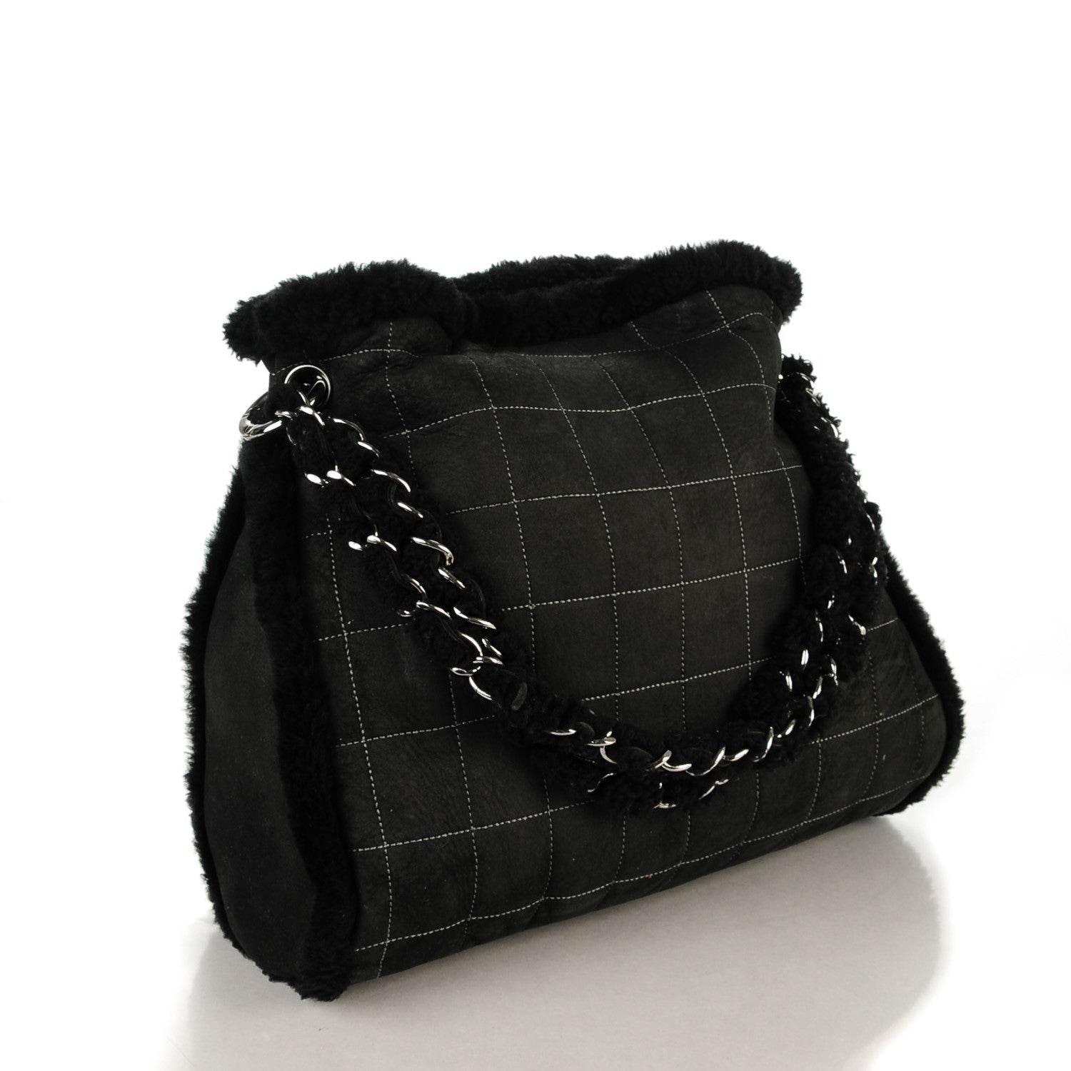 Chanel Suede Sherpa Shoulder Bag with Cosmetic Pouch Black 3 of 8