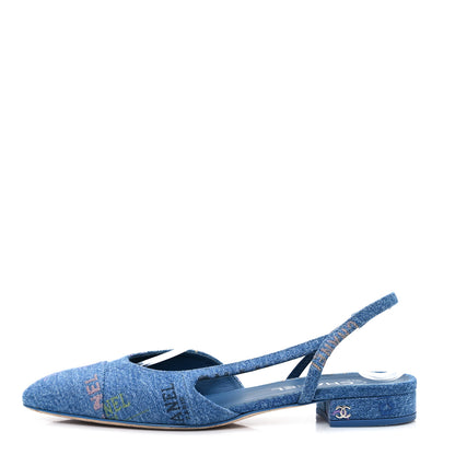 Chanel Denim Printed Denim Mood Cap Toe CC Slingback Flats 39 Light Blue Multicolor 1 of 11