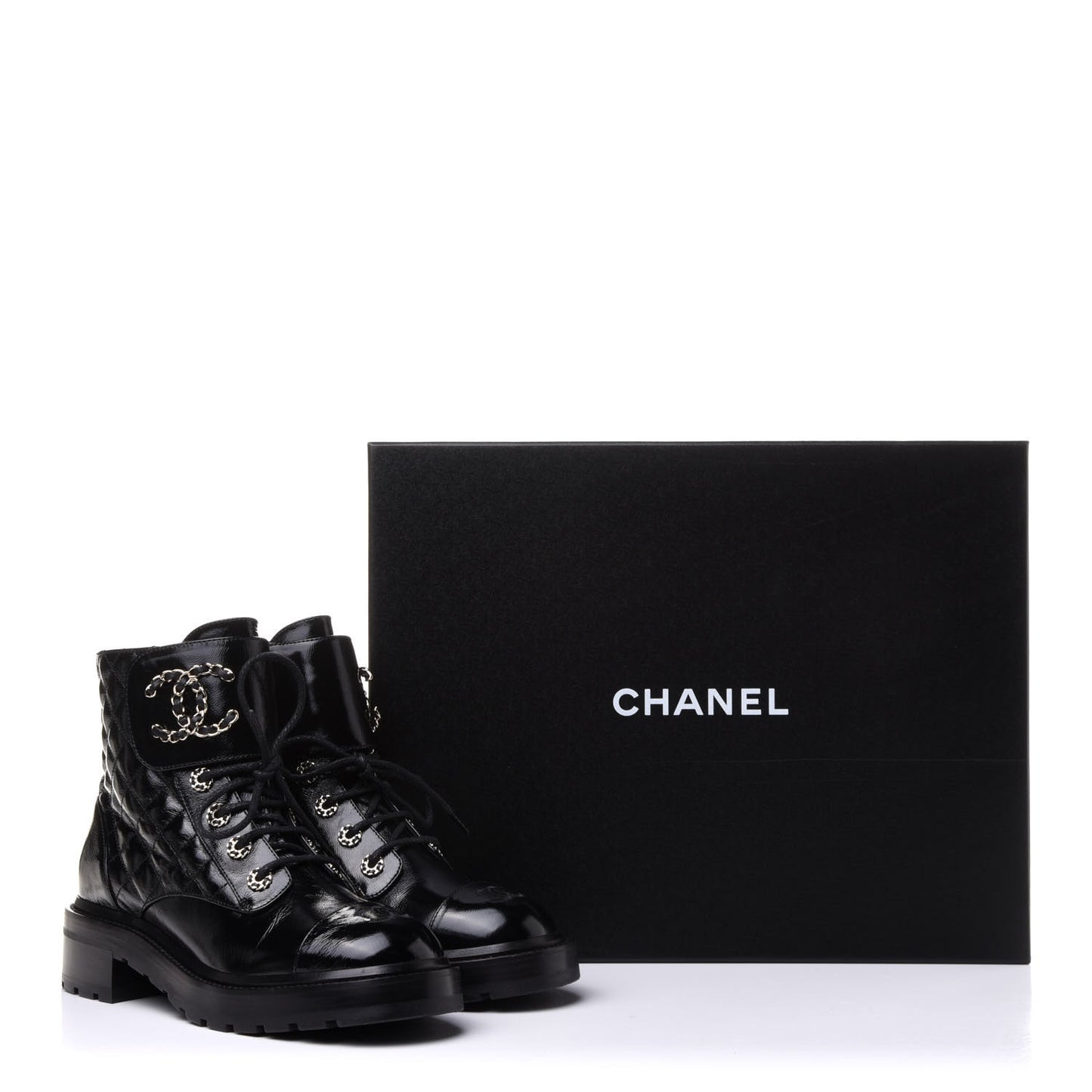 Shiny Calfskin Quilted Lace Up Combat Boots 39 Black