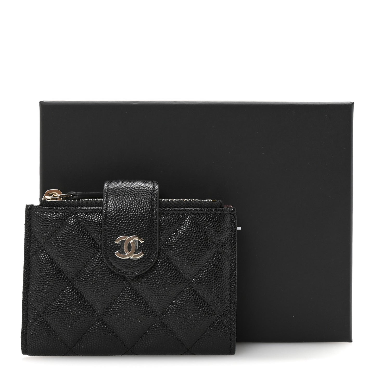 Caviar Quilted Compact Zipped Pocket Wallet Black
