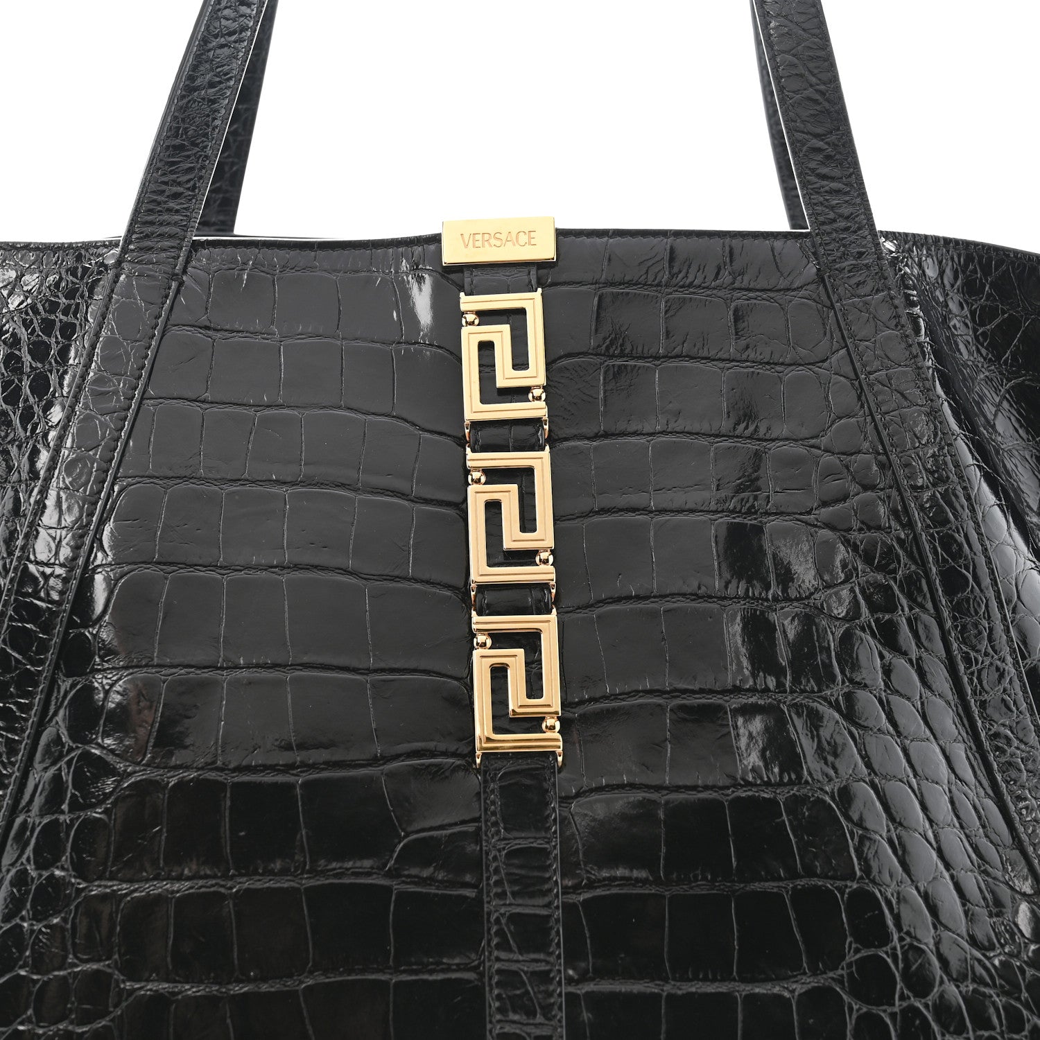 Versace Calfskin Crocodile Embossed Greca Goddess Tote Bag Black 8 of 13