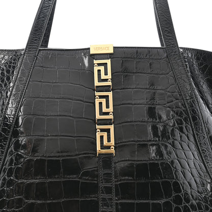 Versace Calfskin Crocodile Embossed Greca Goddess Tote Bag Black 8 of 13