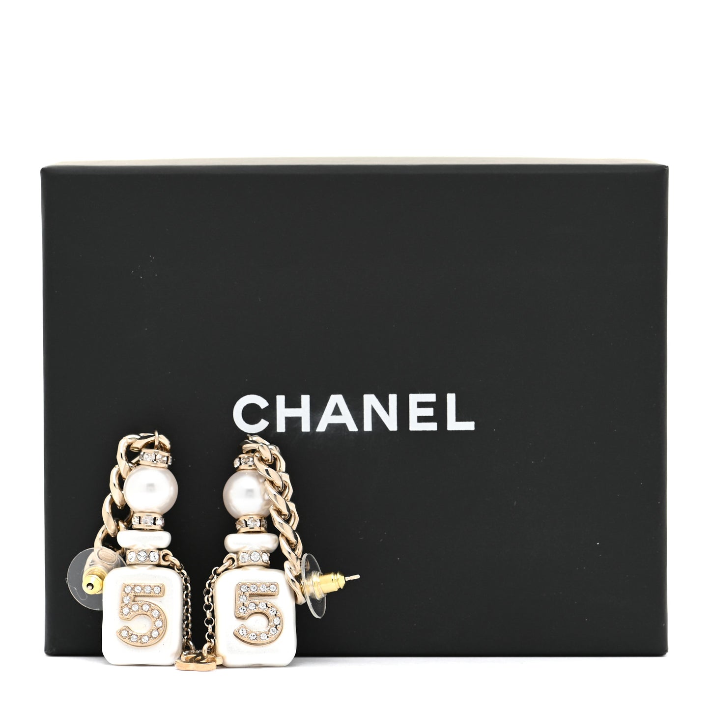 Pearl Resin Crystal CC No 5 Perfume Bottle Chain Drop Earrings Gold Pearly White