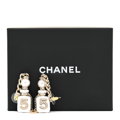 Chanel Pearl Resin Crystal CC No 5 Perfume Bottle Chain Drop Earrings Gold Pearly White 5 of 5