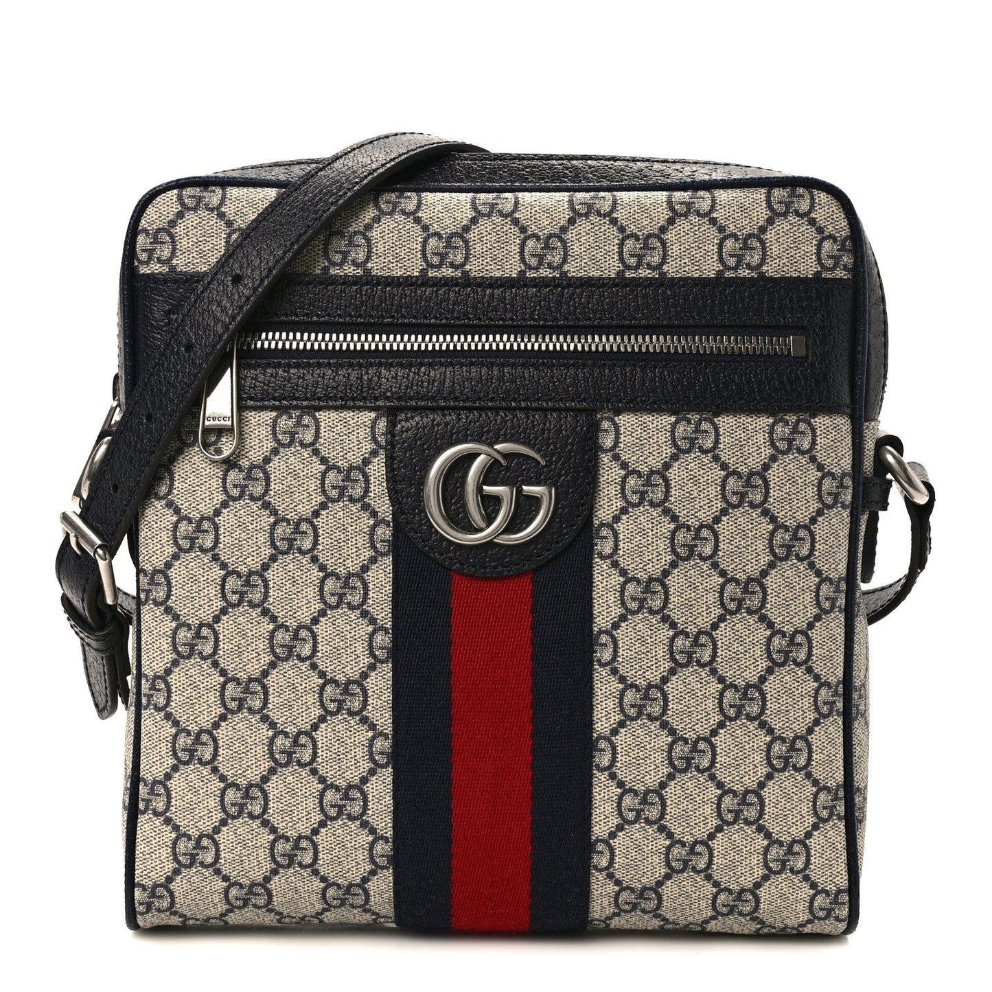 GG Supreme Monogram Textured Dollar Calfskin Web Small Ophidia Messenger Bag Beige Blue