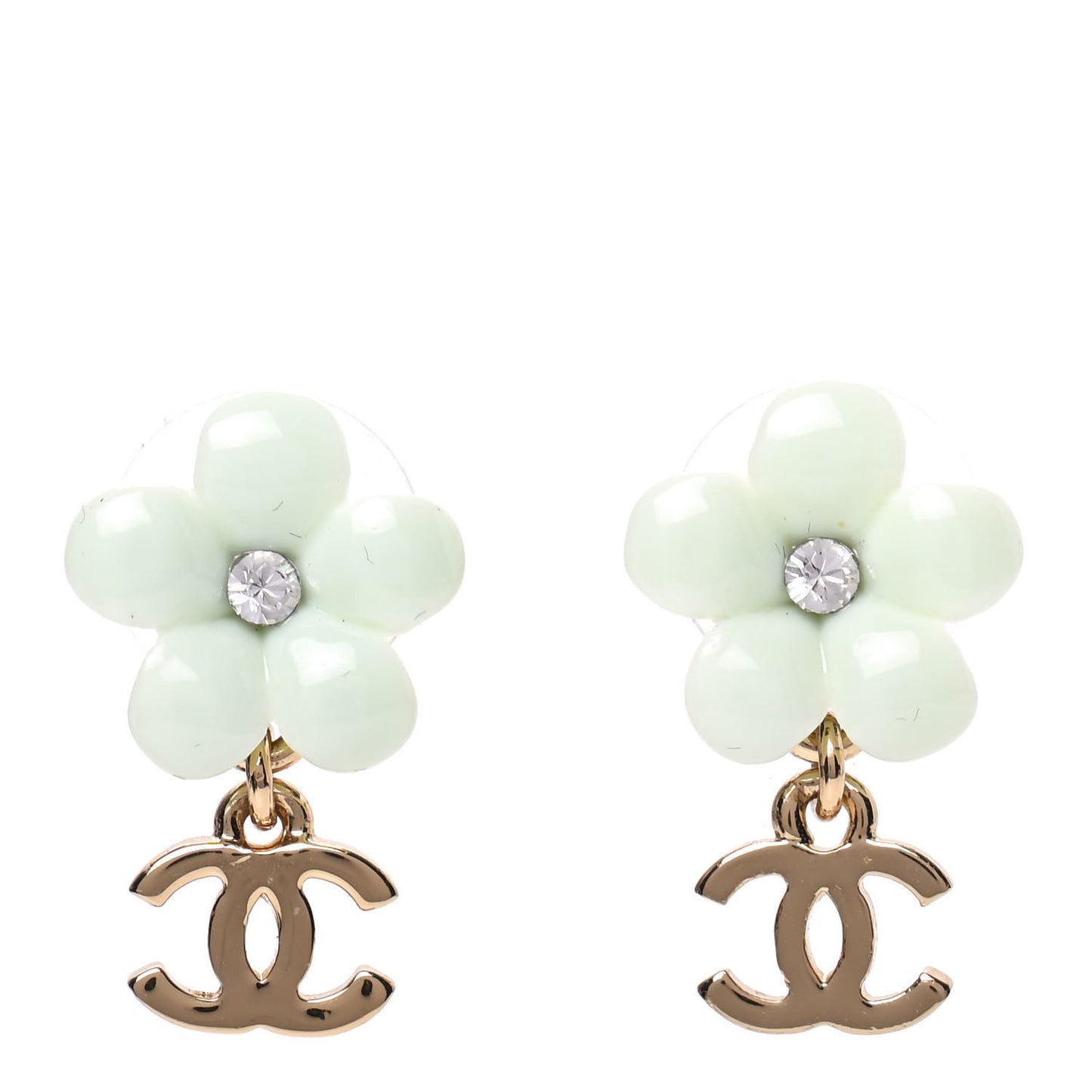 Enamel Crystal CC Camellia Drop Earrings Light Green