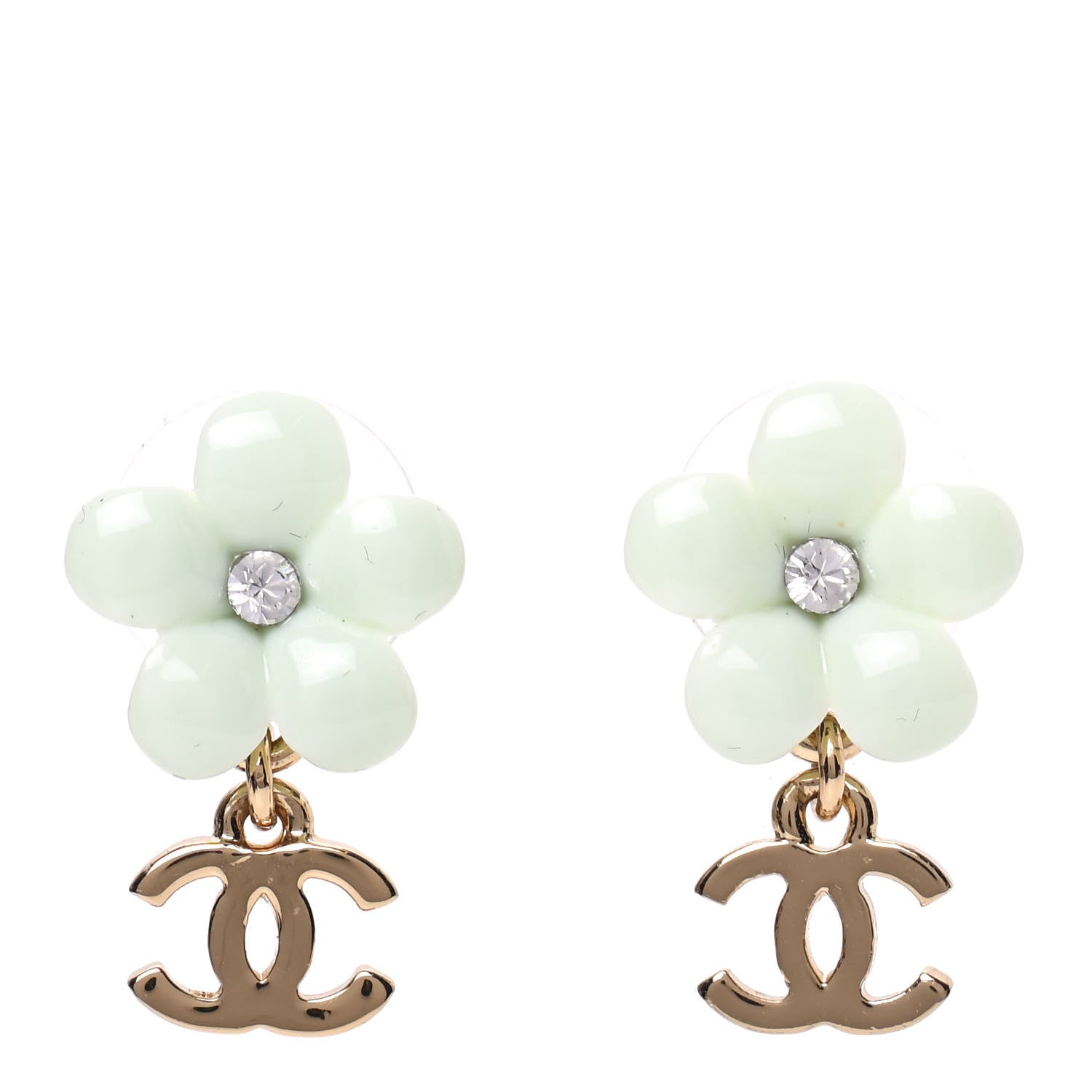 Chanel Enamel Crystal CC Camellia Drop Earrings Light Green 1 of 5