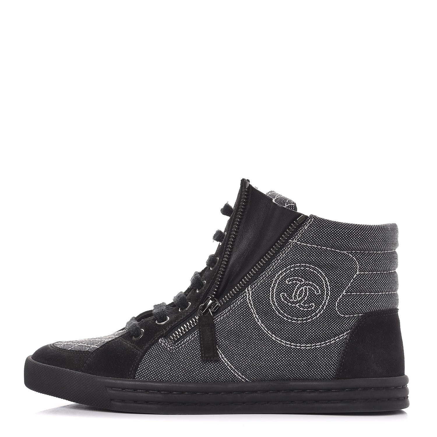 Chanel Toile Suede Calfskin CC High Top Sneakers 37.5 Dark Grey 1 of 10