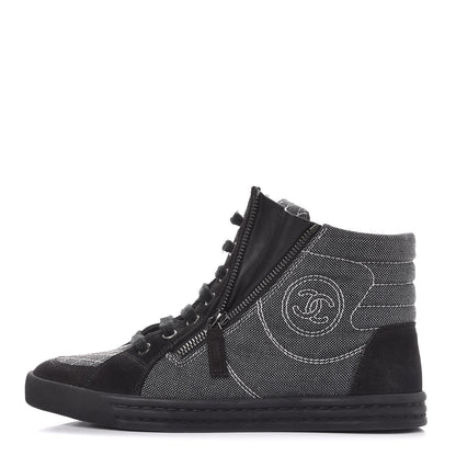 Chanel Toile Suede Calfskin CC High Top Sneakers 37.5 Dark Grey 1 of 10