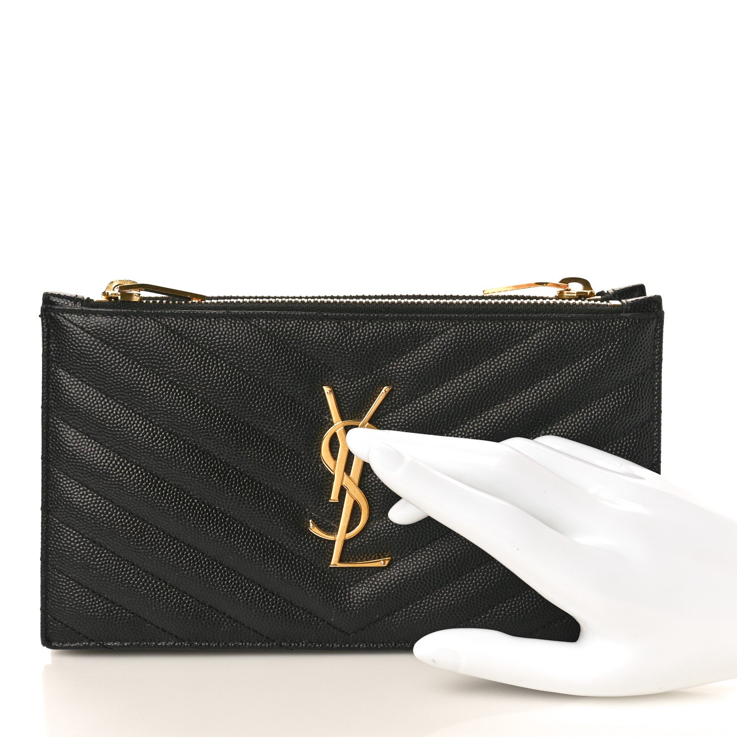 Saint Laurent Grain De Poudre Matelasse Chevron Monogram Double Zip Wallet Black 2 of 10