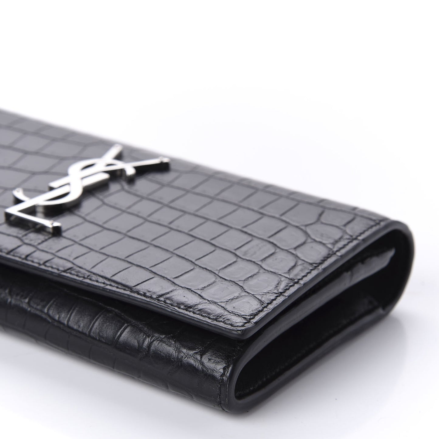 Calfskin Crocodile Embossed Monogram Flap Wallet Black