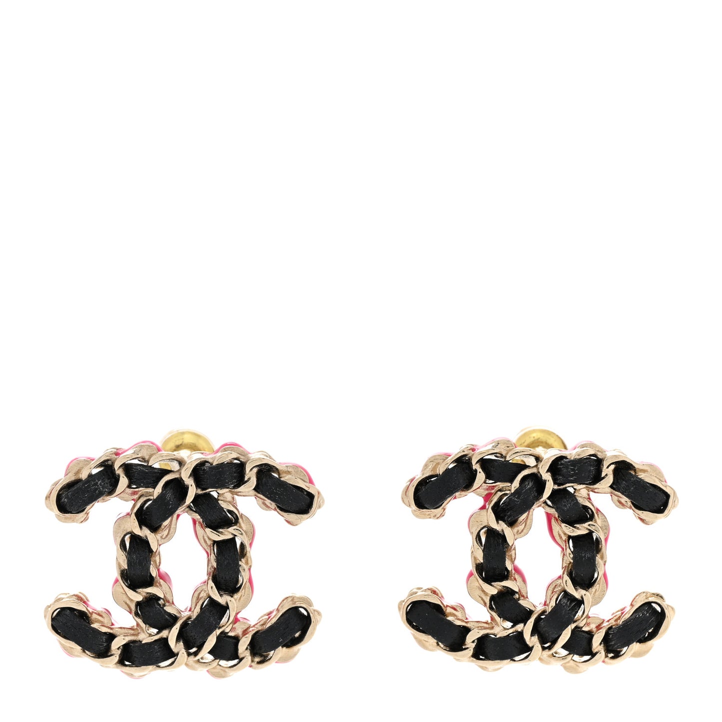 Lambskin CC Chain Earrings Black Gold Pink