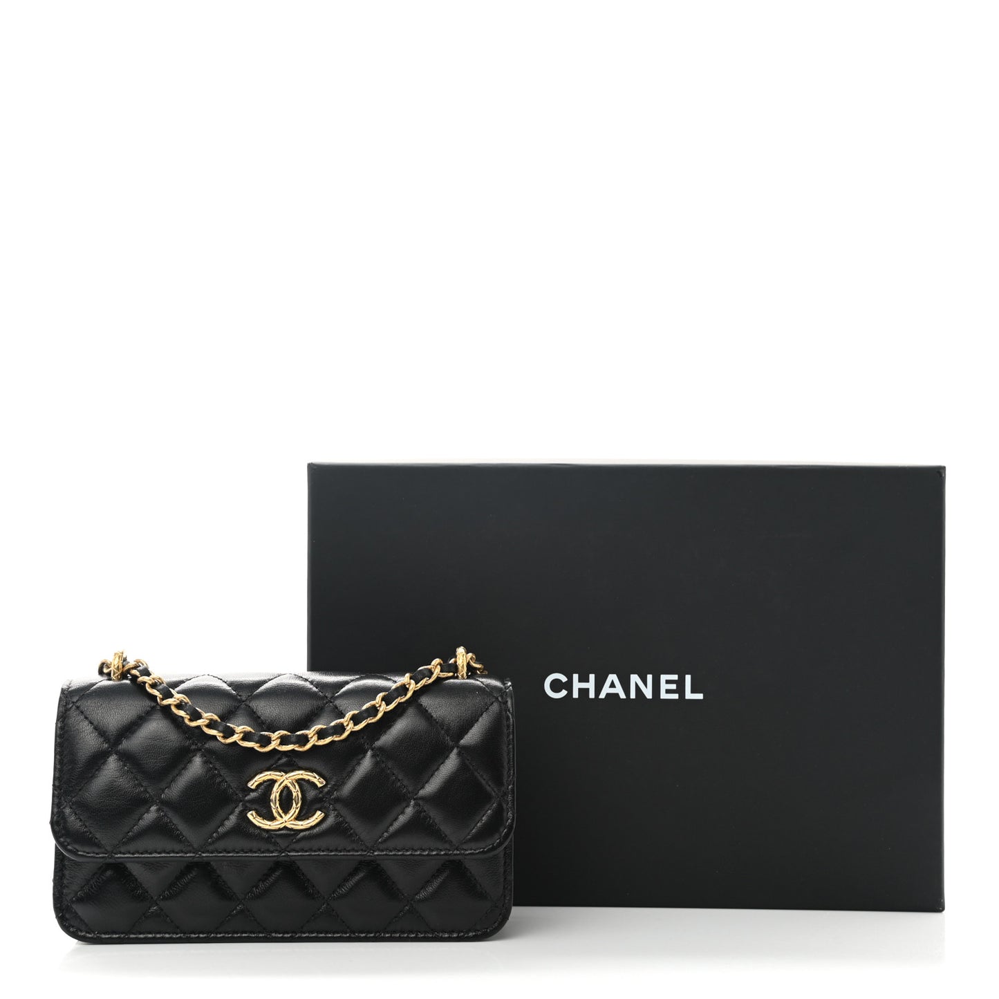 Lambskin Quilted Dynasty Flap Phone Holder With Chain Black